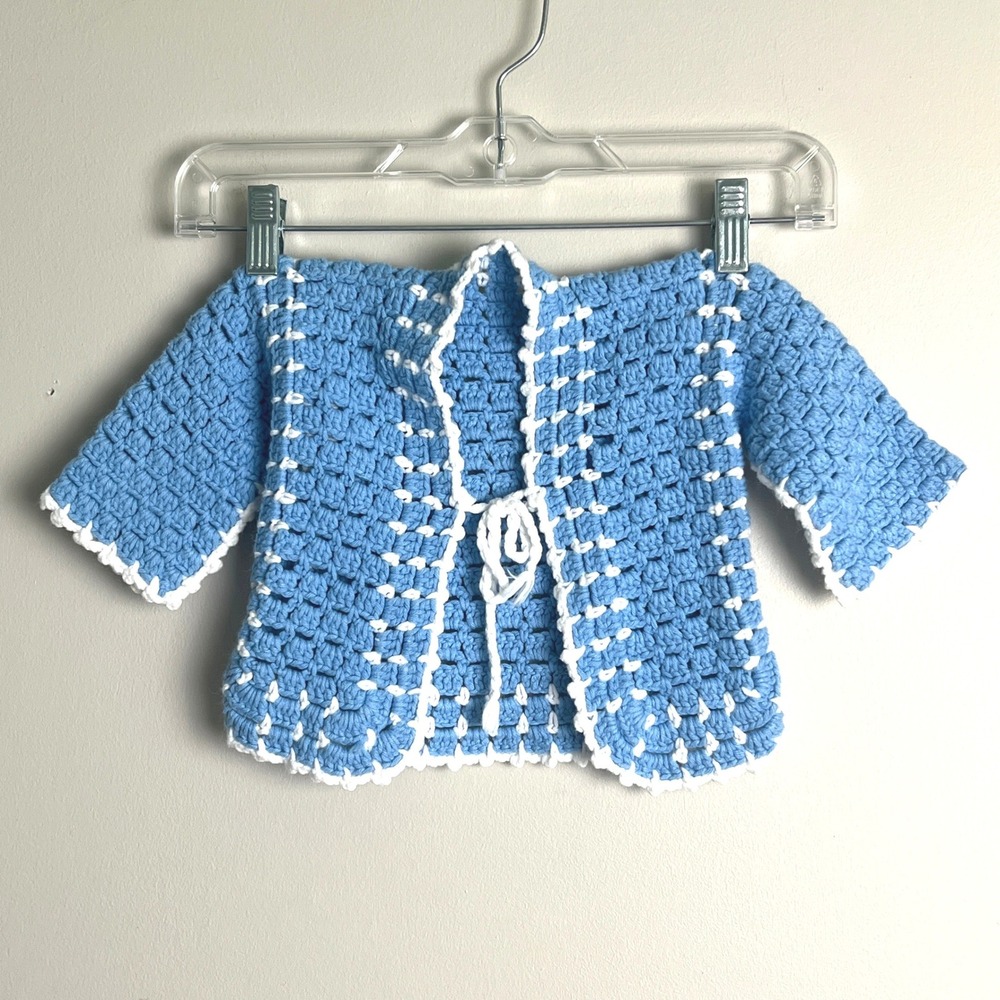 Blue Crochet Cardigan Boys 6-12M Handmade Tie front  Blue Artisan Cottagecore